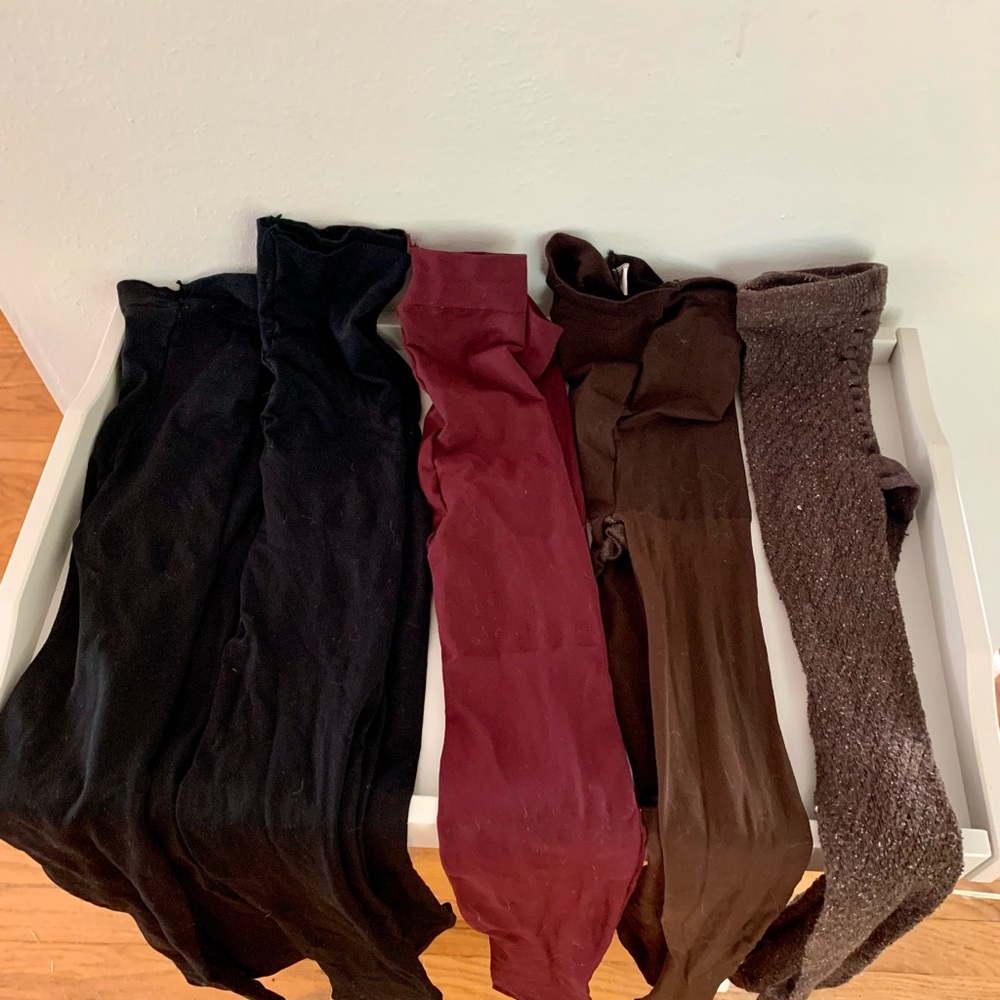 Lot of Five Tights in Black, Wine, Brown, Some Name-Brand, Size Med-Large